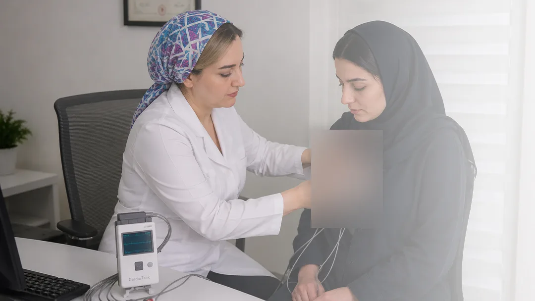 دکتر امیرسرداری در حال متصل کردن لید های دستگاه هولتر ریتم قلب